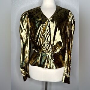 Vintage Gold Metallic Floral Blouse M/L Long Sleeve Button Waist 80s Glam Top